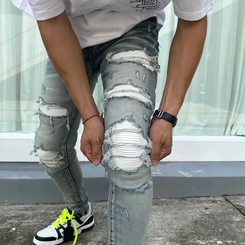 European and American designers fashion new mens jeans stretch slim fit retro light blue patchwork white patch jeans high street X250812