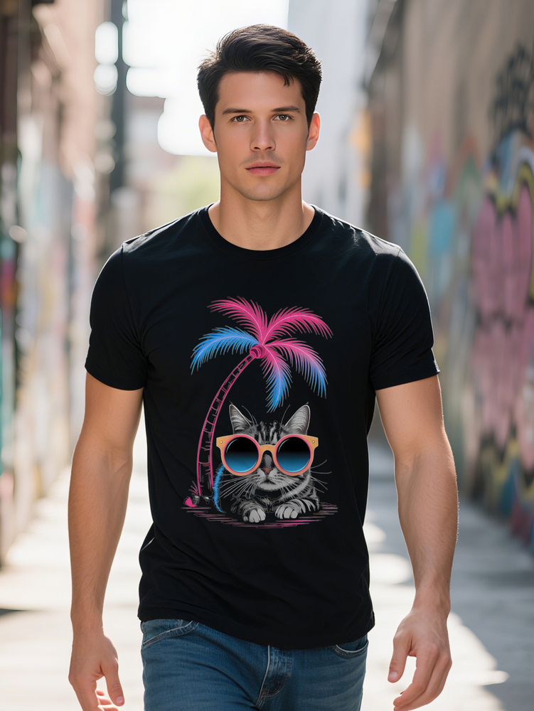 Men s Casual Graphic T Shirt Black Round Neck Tee with Vibrant Palm Tree Print Fashion Glasses Design Lightweight