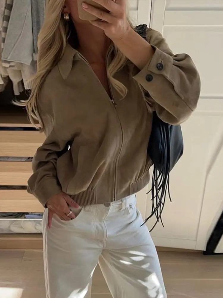 Vintage Suede Lapel Zipper Short Jacket Women Casual Loose Solid Pocket Jackets Female Versatile Fashion Street Outwear 250811