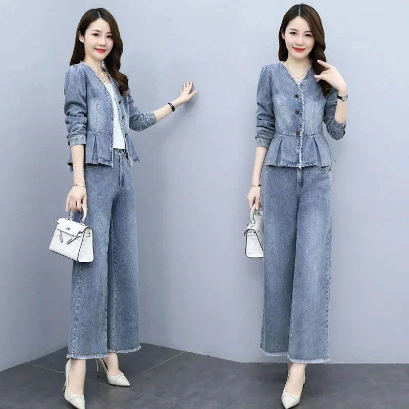 Retro V-Neck Denim Jacket Wide-Leg Pants Suit Womens Spring Autumn Long-Sleeved Jacket Two-Piece Suit Female Sets Jeans 250808