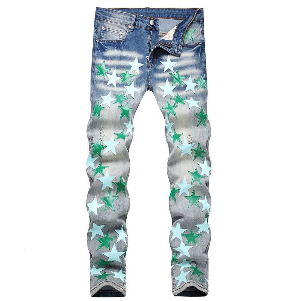 Men Leather Stars Patch Denim Jeans Streetwear Slim Tapered Pants with Holes Ripped Distressed Stretch Cotton Trousers X250812