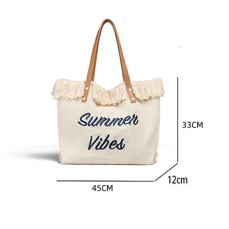 Letter Embroidered Large Canvas Bag Daily Use Tote Bag Ladies Handbag Holiday Woven Beach Bag Casual Out Shopping Shoulder Bag Z250812