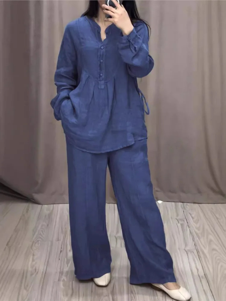 Womens 2 Piece Set Fashion Office Lady Cotton Linen Long-sleeve Casual Loose Wide-leg Pants Suit Spring Autumn Women Sets 250811