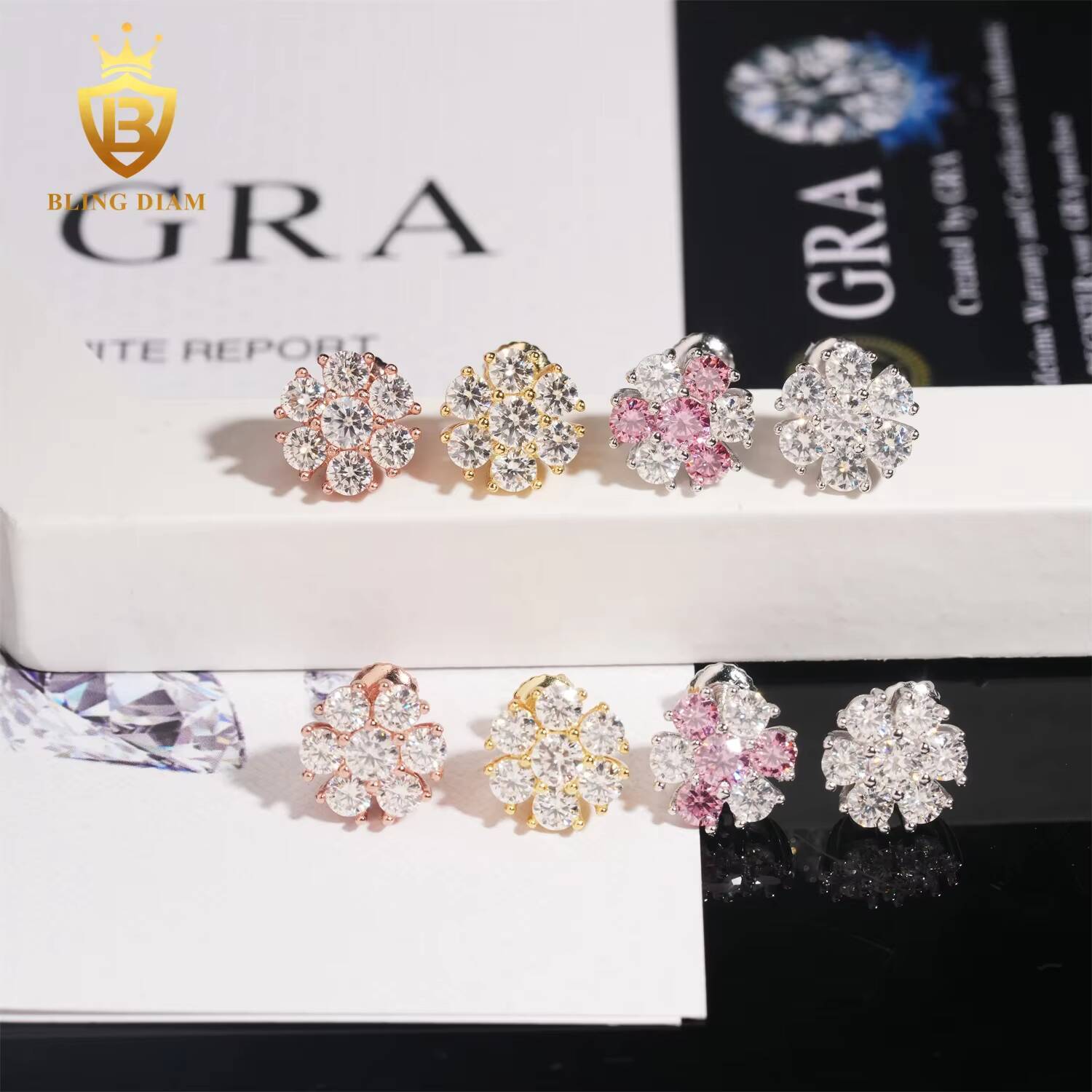 Fashion Screw Back Iced Out Cluster Flower 925 Silver Earrings VVS Moissanite Fine Jewelry Hip Hop Women Earrings