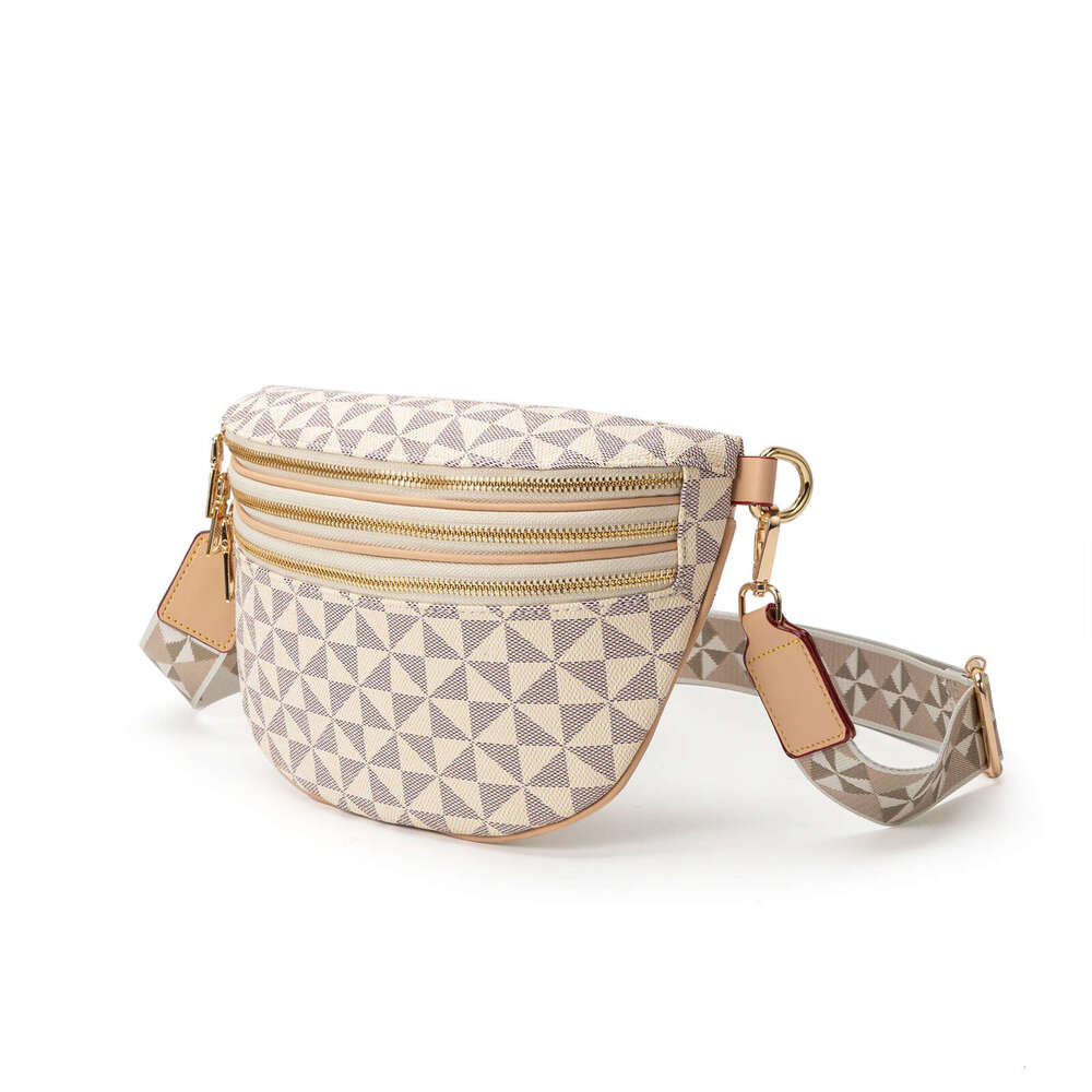Lacel Urwebin Beige Triangle Pattern Fanny Pack, Women's Fashionable Waist Bag with Multi - Zipper Pockets, Adjustable Patterned Strap Crossbody