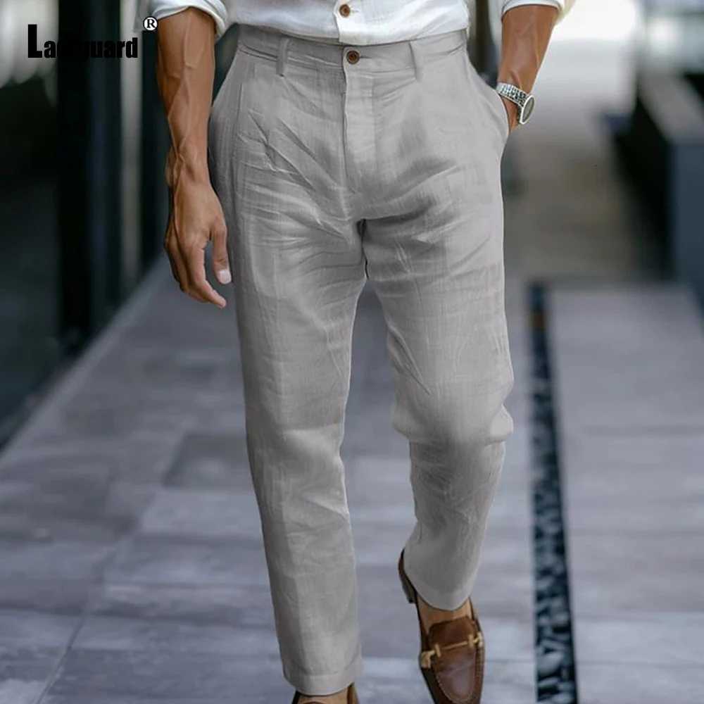 2025 Mens Stand Pocket Linen Beach Pants Solid White Trouser Plus Size Mens Casual Straight Pants Male Ankle-Length Bottoms New W250812