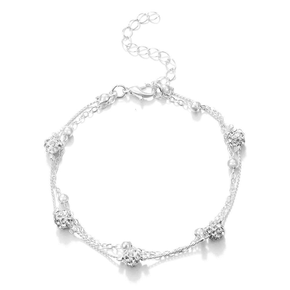 Niche Double Layer Shamballa Crystal Anklet for Women Multi-layer Simple Alloy Beach Foot Jewelry