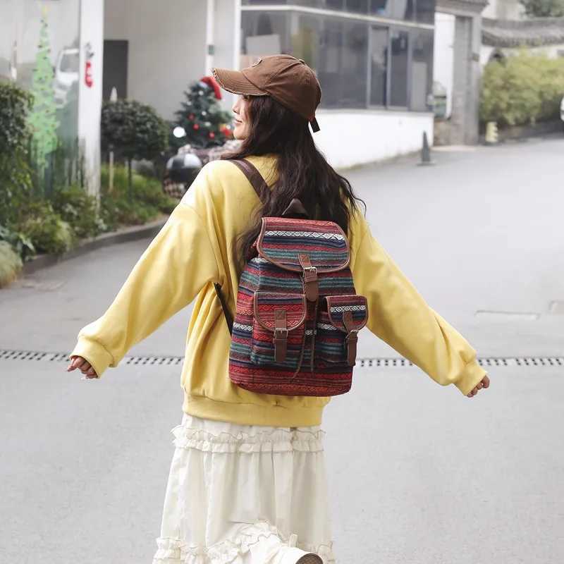 2024 New Female Ethnic Style Backpack Casual Plaid Drawstring Women Large Capacity School Bag Drawstring Bucket Bag Y250811