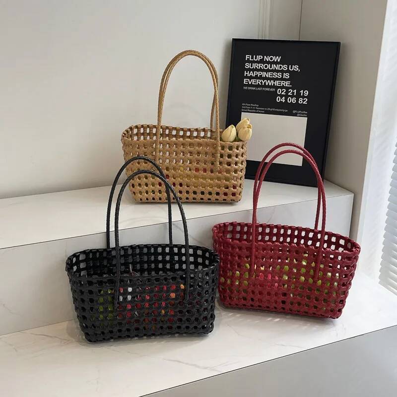 LEFTSIDE Small Solid Color Weave Tote for Women Fashion Summer Shoulder Bags Simple Handbags Hollow Out Beach Bag high-quality