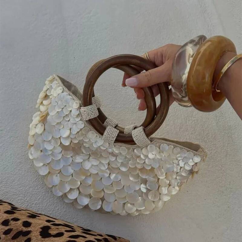 Sequin Internal Zipper Chain Crossbody Shoulder Bag,Shell Wooden Circular Handle Handbag,Women Beach Travel Tote Bag