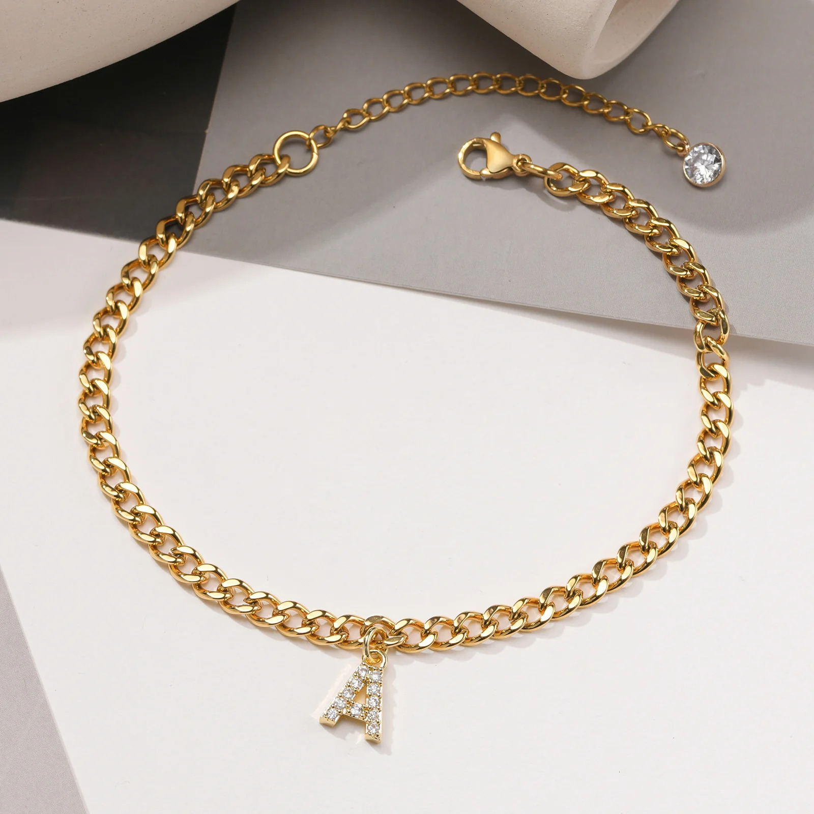 A - Z Cubic Zirconia Intinal Letter Anklet Bracelets for Women Adjustable Stainless Steel Cuban Link Foot Chain Beach Jewelry 250812