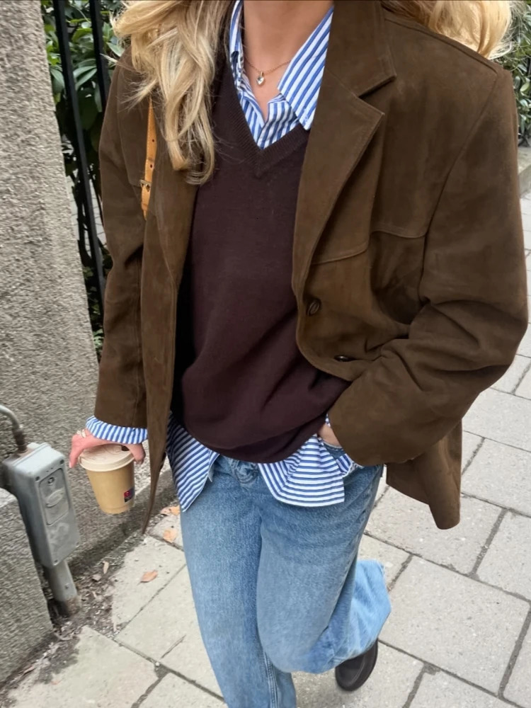 Vintage Brown Suede Leather Blazer Jackets For Women Winter Fashion Lapel Single Breasted Pockets Crop Coats Women Outwear 250811