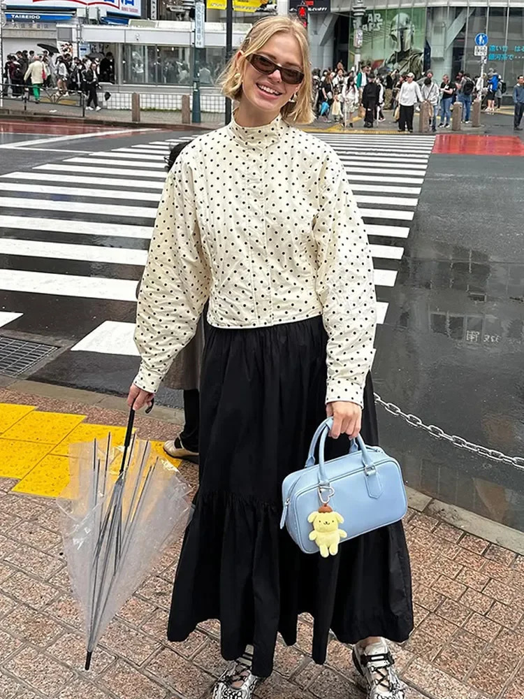 Polka Dot Stand Neck Short Jackets Women Fashion Long Sleeve Patchwork Contrast Slim Coats Casual Lady Street Commute Outerwear 250805