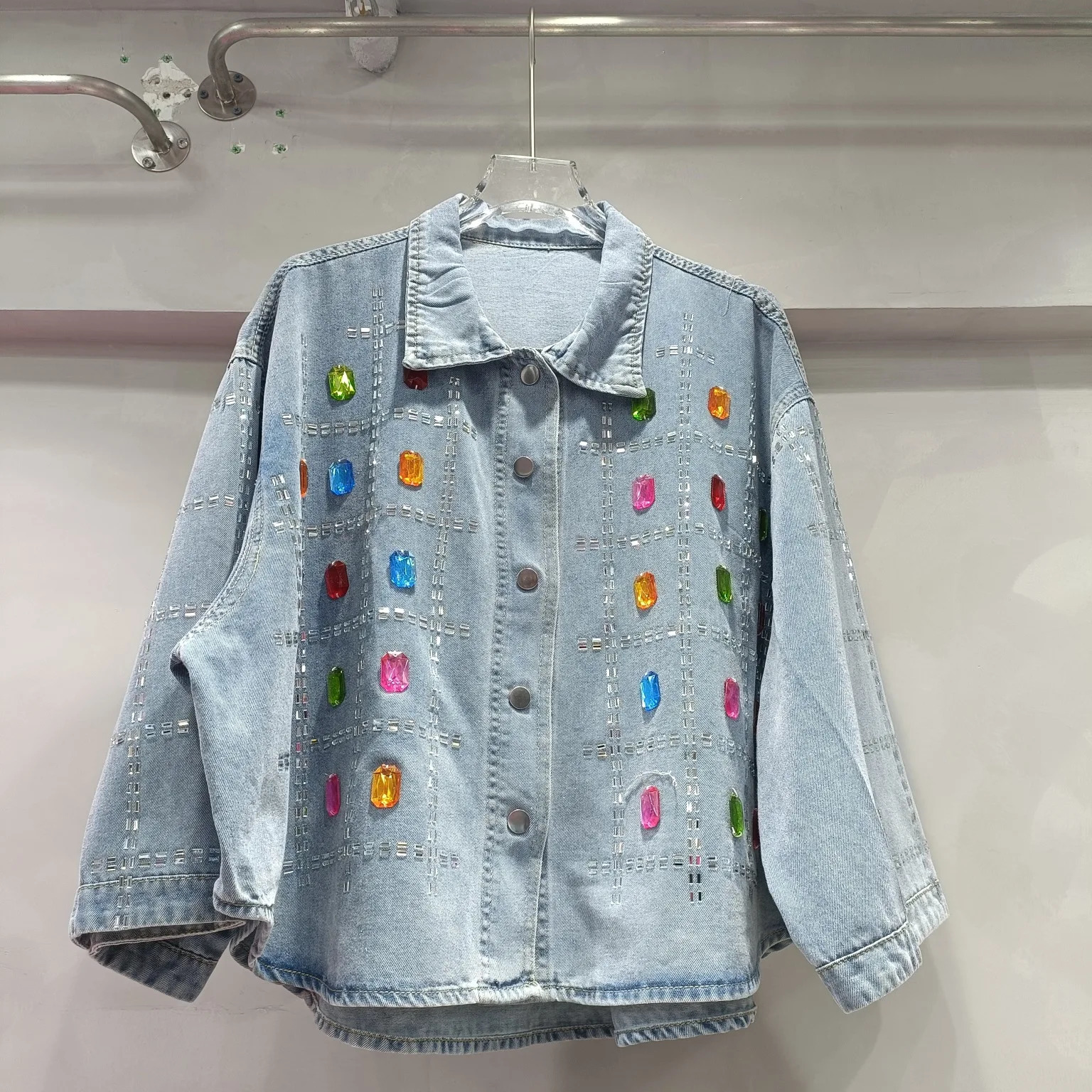 Spring Womens Rainbow Diamonds Denim Blouses Cow Plaids Drilling Shirts Coat Wide Legs Denim Pants Jeans Trousers 2Pcs Set 250808