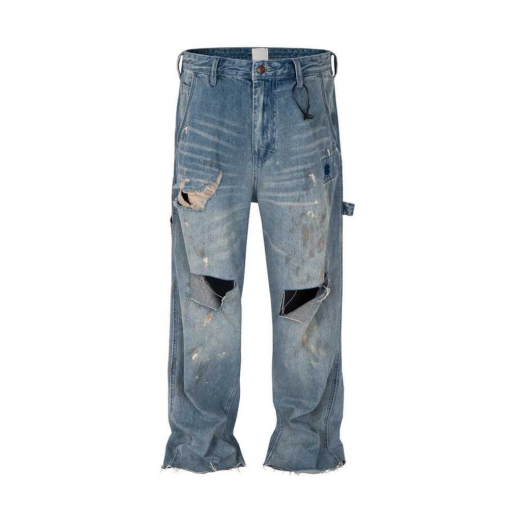 High Street Hole Distressed Splashed Ink Baggy Jeans for Men Straight Ripped Casual Loose Denim Trousers Oversized Unisex Cargos X250812