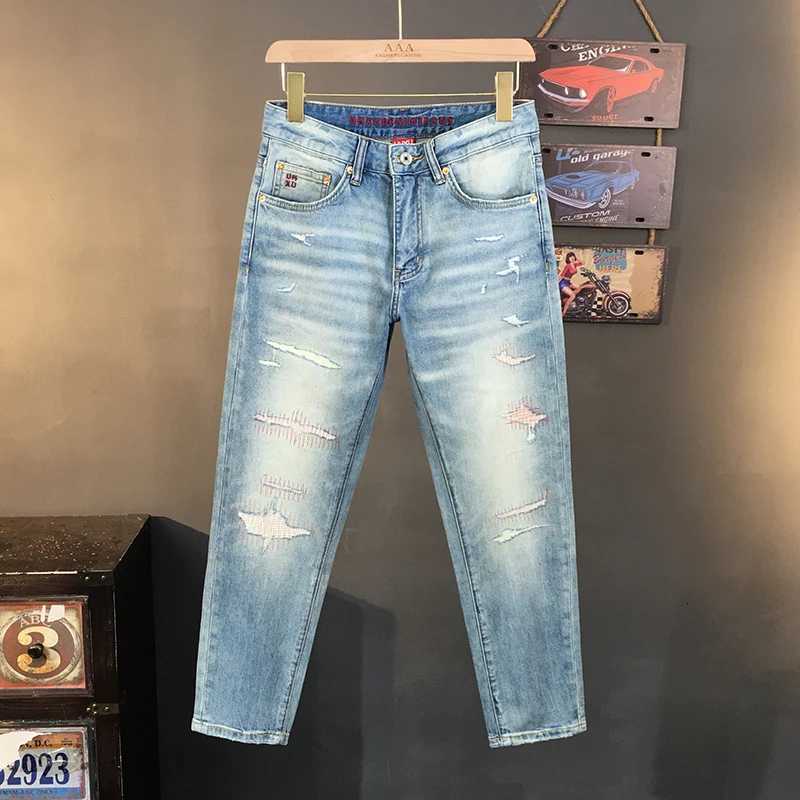 Light Blue Ripped Stretch Denim Jeans for Men - Summer Lightweight American High-Street Fashion Slim Straight-Cut Cropped Pants X250812