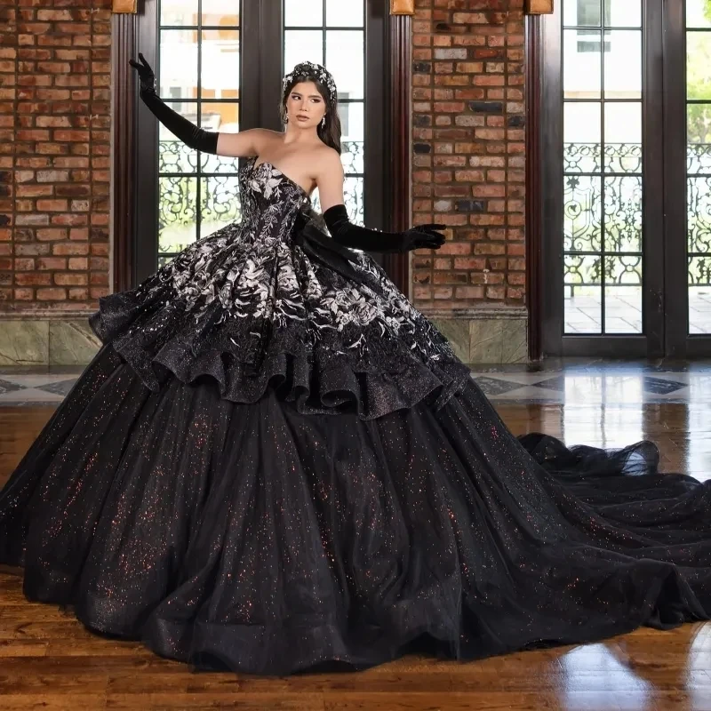 Black Shiny Quinceanera Dresses Off The Shoulder Lace Applique Bow Tull Ball Gown Birthday Party Sweet 16 Dress Vestidos 15 Anos