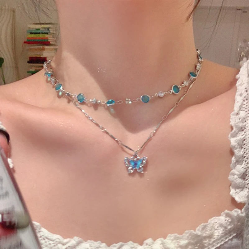 LATS Romantic Blue Crystal Butterfly Necklace for Women Girls Simple Shiny Zircon Bilayer Choker Clavicle Chain Fine Jewelry 250805