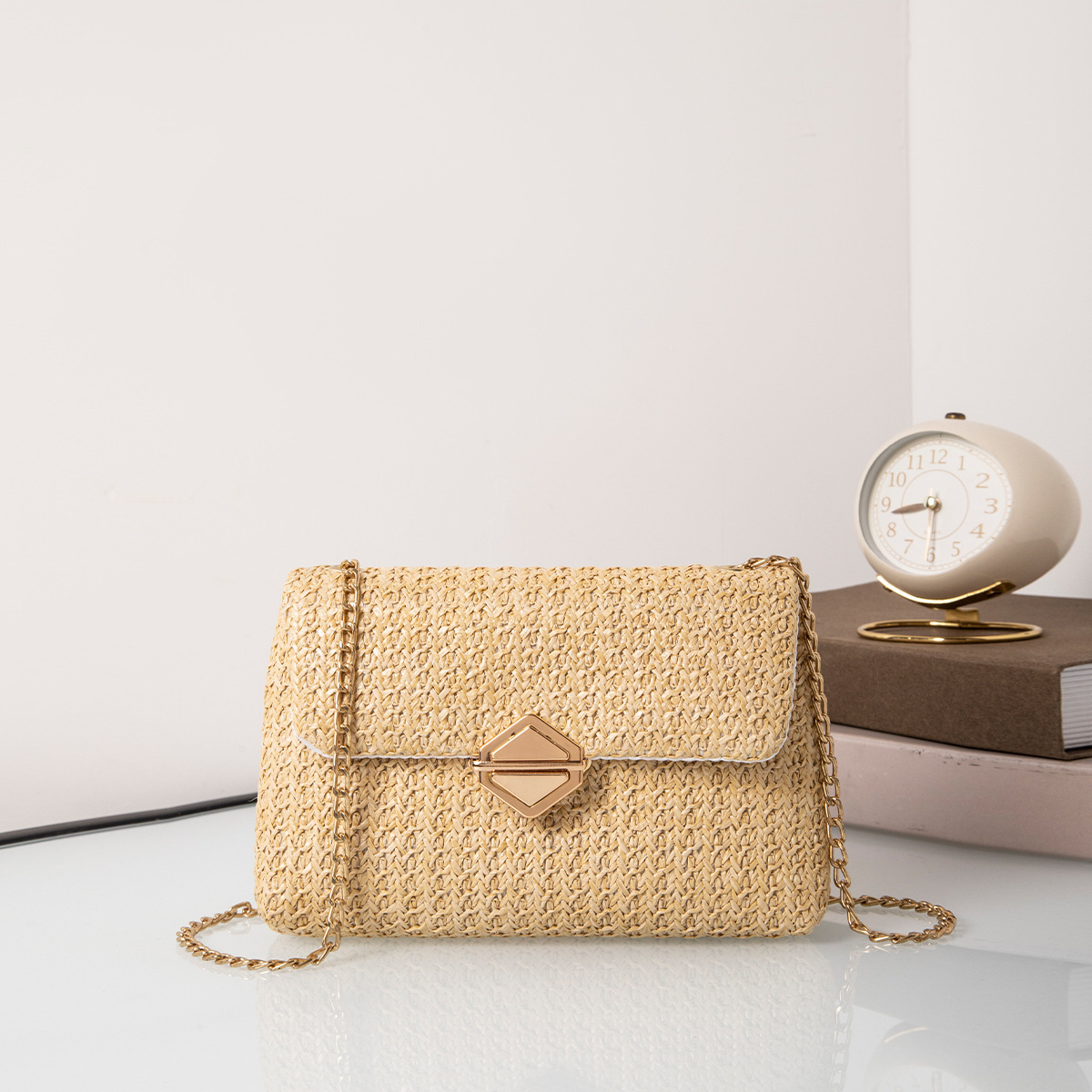 2025 Autumn New women s Shoulder Bag Straw Woven Women s Bag Diamond Lock Simple Chain Bag Autumn New Designer bag Bag New Fashion Trend Women s Cross