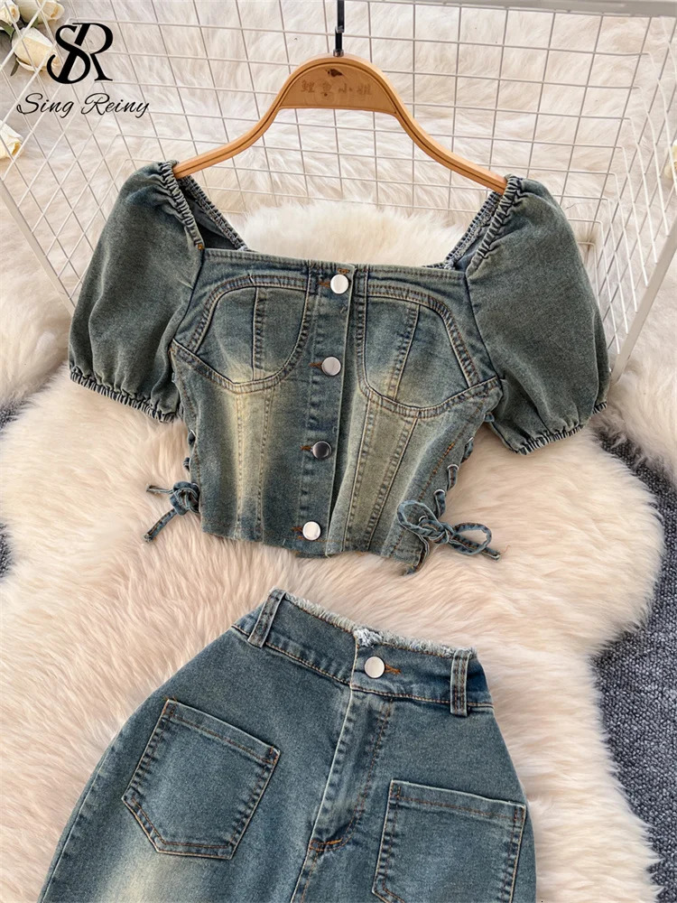 SINGREINY American Retro Denim Sets Women Puff Sleeves Buttons Mini TopsHigh Waist Slim Long Pants Summer Two Pieces Suits 250806