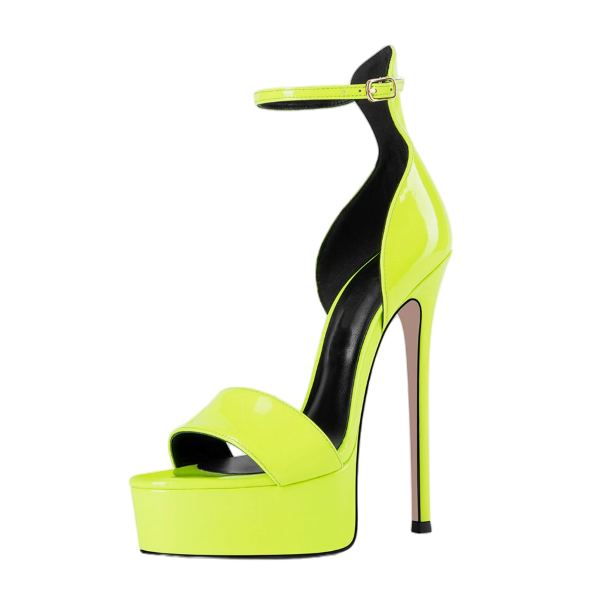 Fluorescent Green Platform Sandals - 8cm+ Stiletto Heels Glossy PU Ankle Strap Show Shoes (Electric Green/Black/White)