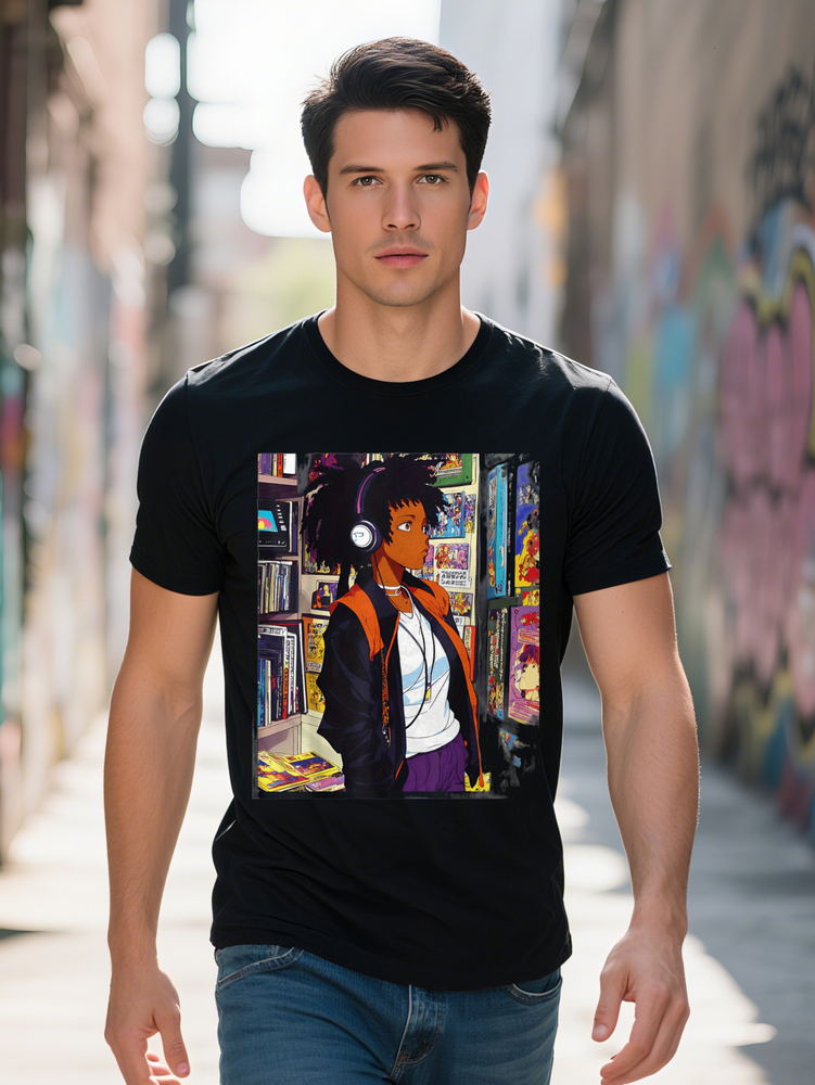 Men Retro s Afro Cartoon T Shirt Pure Cotton Soft Breathable Black with Vibrant Anime Graphic Design Perfect