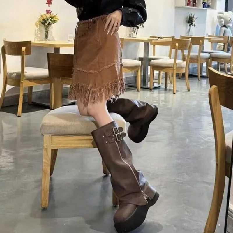 Soft Leather Ankle Mid Calf Winter Autumn High Platform Wedge British Booties Women New Ladies Chunky Motorcycle Boots Y250812