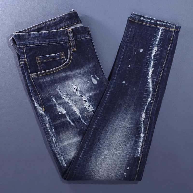Fashionable mens deep blue jeans with scratches washed water nostalgic stretch slim fit painted jeans designer high street X250812