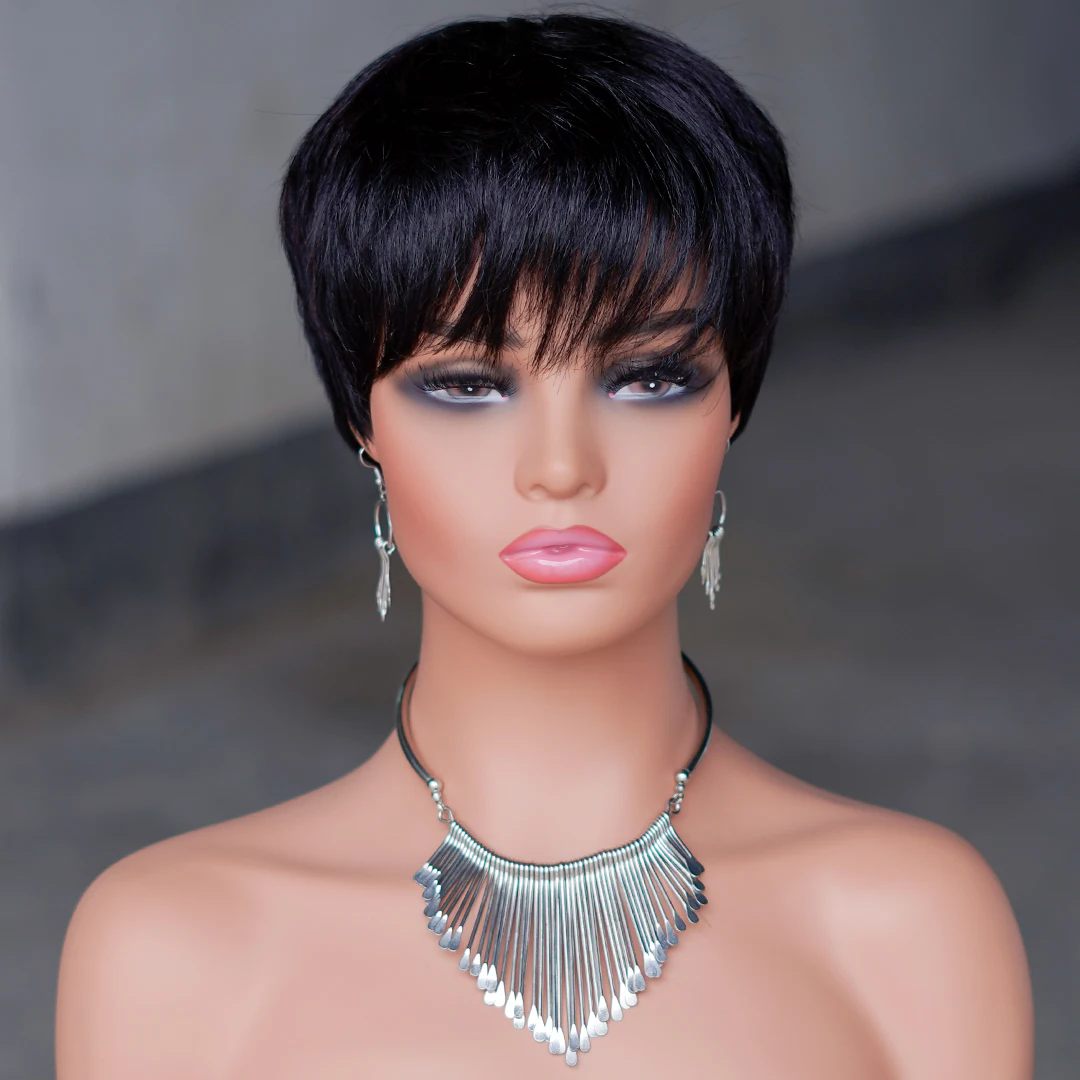 Short Straight Bob Wig Pixie Cut Wig Human Hair For Black Women With Bangs Brazilian Virgin Hair Non Lace front Cheap Wig Black