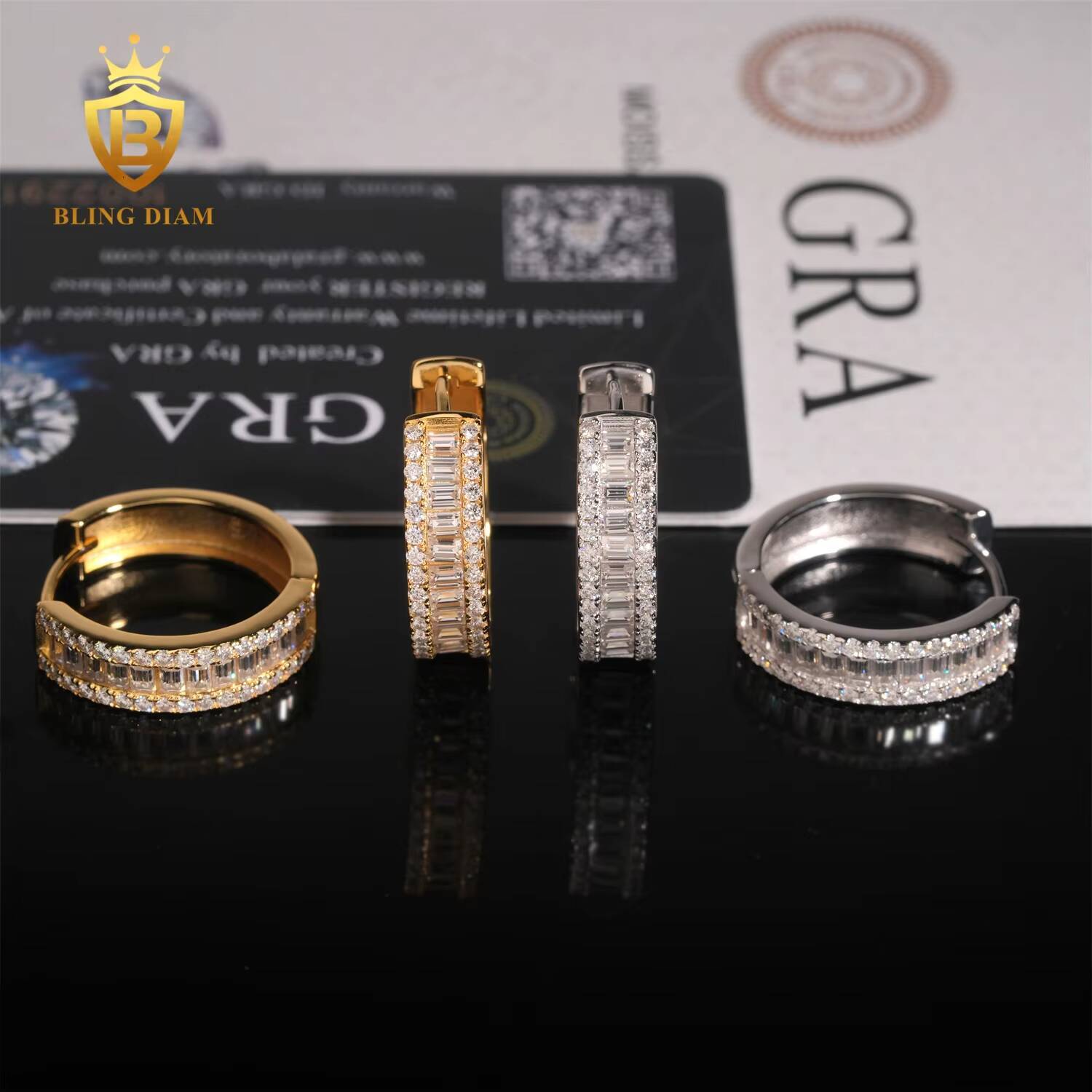 Factory Direct GRA Certificate New Style Iced Out 925 Sterling Silver Baguette Diamond Hip Hop Moissanite Hoop Earrings