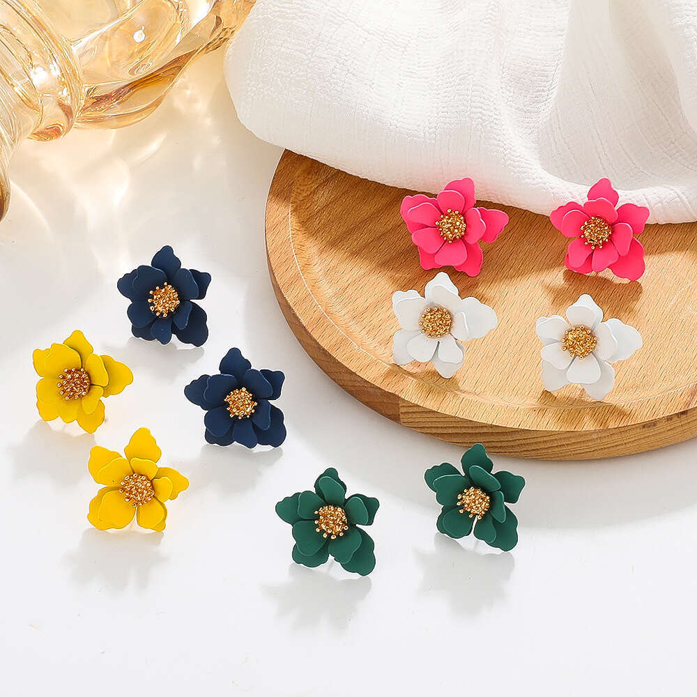 Ins Colorful Matte Flower Japanese and Korean Mori Style Sweet Multi-layer Petal Floral Earrings Elegant Ear Jewelry