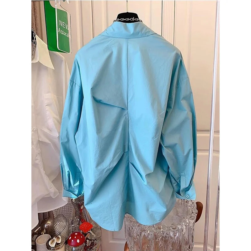 Simplicity Pleated Irregular Patchwork Long Sleeve Blouse Female Casual Autumn Buttons Solid Color Turn-down Collar Women Shirts 250811