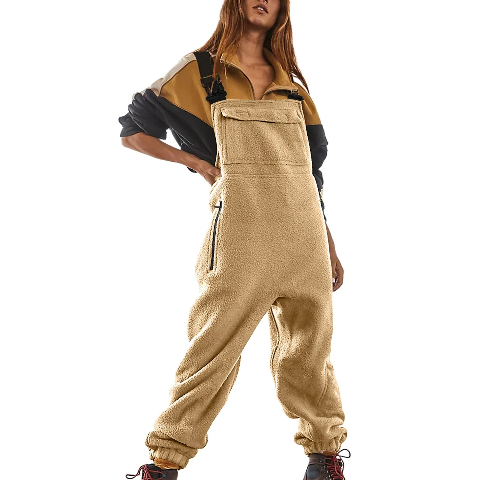 Womens Fleece Overalls OnePiece Bibs Jumpsuits Adjustable Suspender Straps Loose Fall Winter Warm Fuzzy Ski Pants 250731