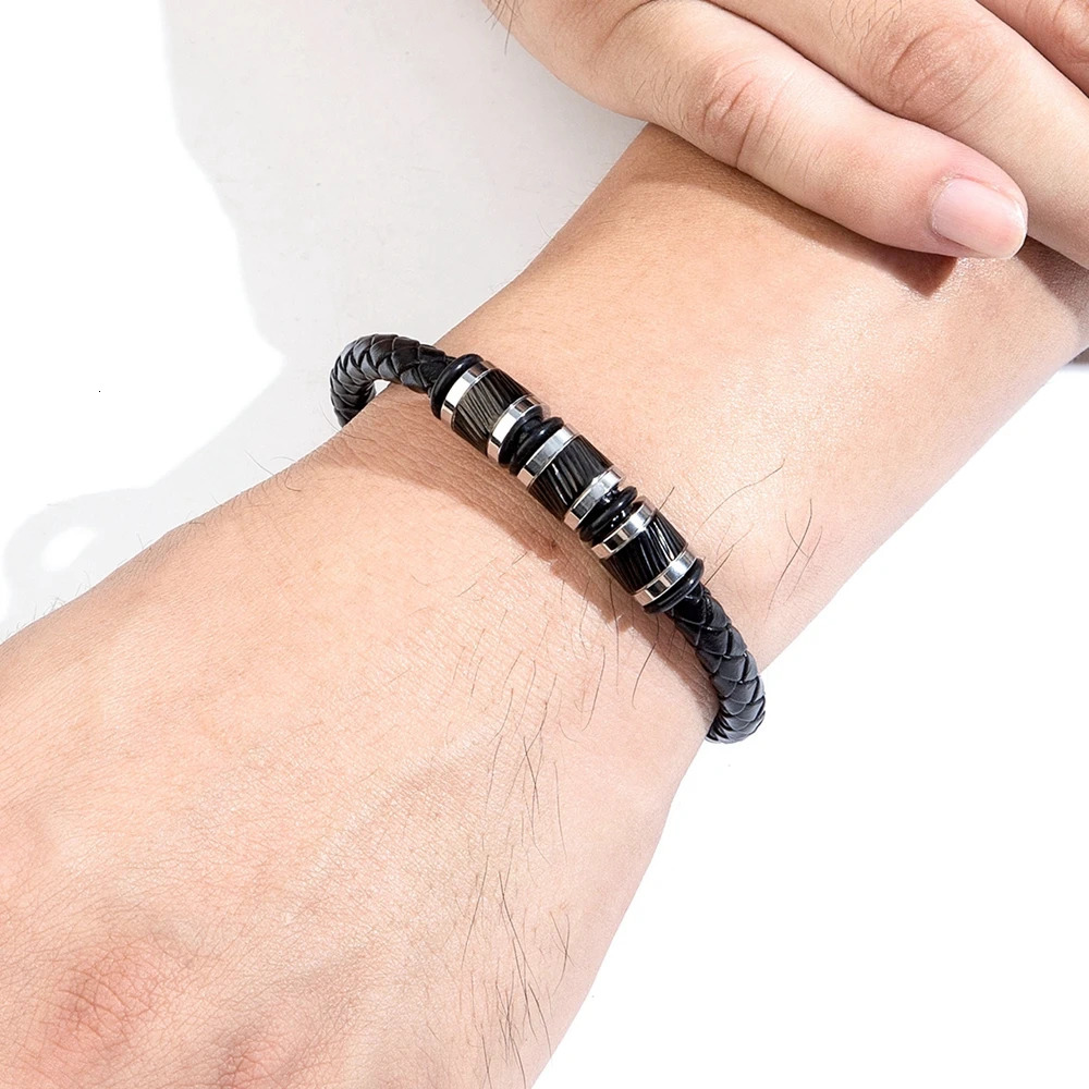 TYO Hiphop Rock Shiny Cool 4 Colors Stainless Steel Button Weave Genuine Leather Men Bracelets Bead Retro Bangle Accessory Gift 250811