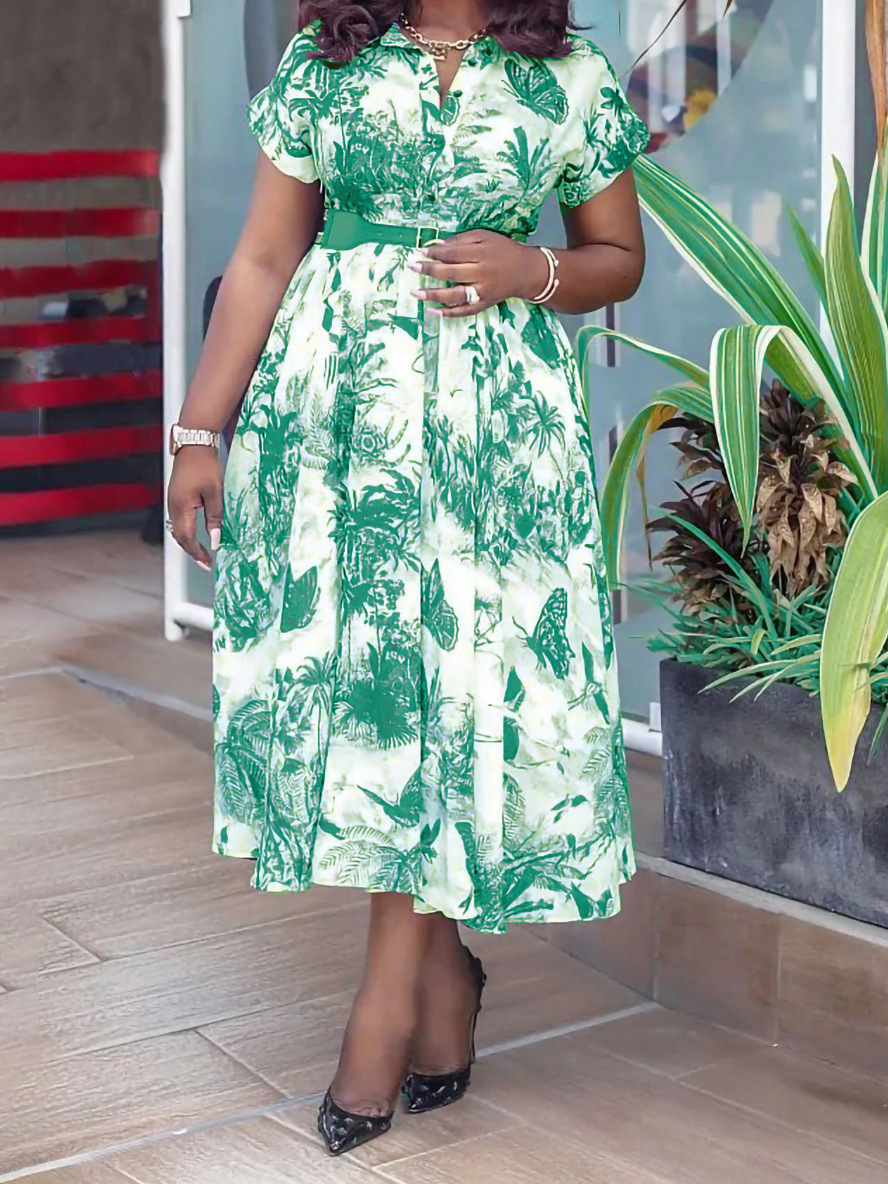 M84European and American summer fashion temperament printed short-sleeved skirt large size foreign trade dress