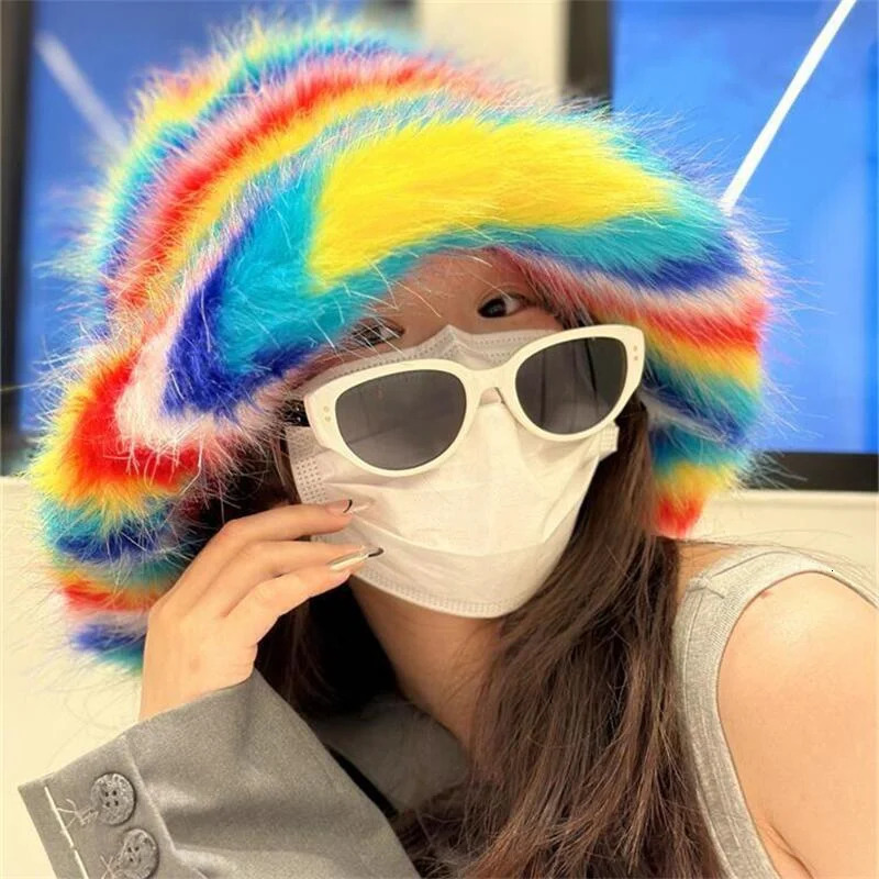 Rainbow Stripe Fluffy Artificial Fur Womens Hat Plush Bucket Hat Winter Warm Fisherman Hat Personalized Basin Hat 250808