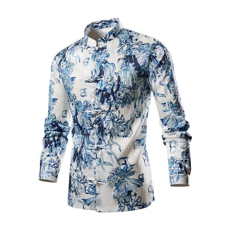 New Chinese Style Print Casual Shirts Men's Long Sleeve Stand Collar Vintage Flower Shirt Male Beach Fashion Blouse Plus Size ddmymarket