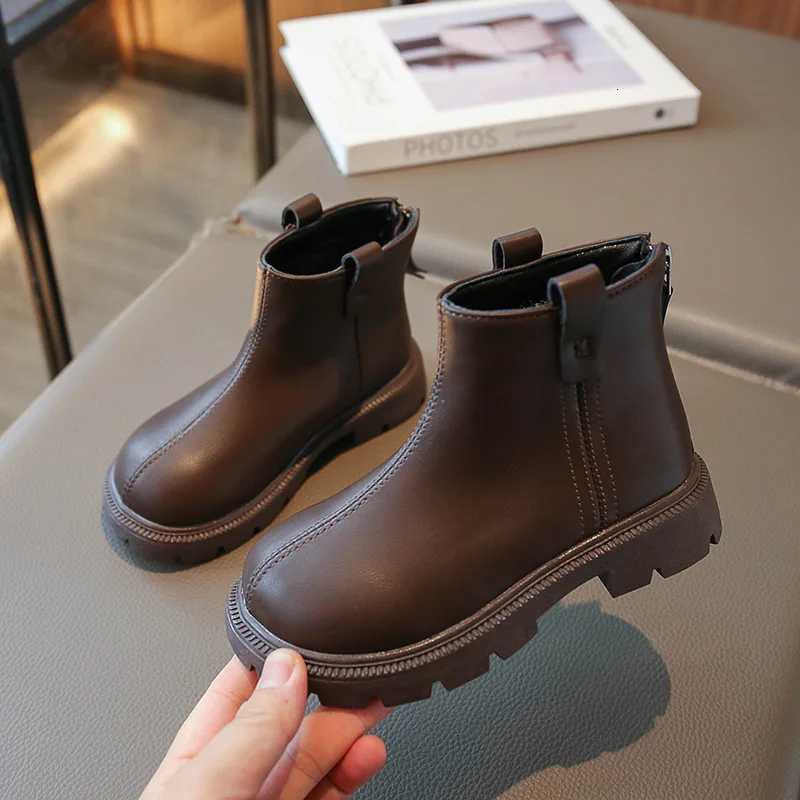 Autumn New 2023 Kids Vintage Leather Boots Girls Waterproof Non-Slip Solid Zipper Princess Ankle Boots Childrens Casual Shoes XJ250812