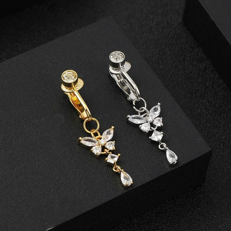 1Pc Clip On Belly Button Ring Butterfly Shape Zircon Belly Piercing Umbilical Navel Body Jewelry Trendy Fashion Style 250807