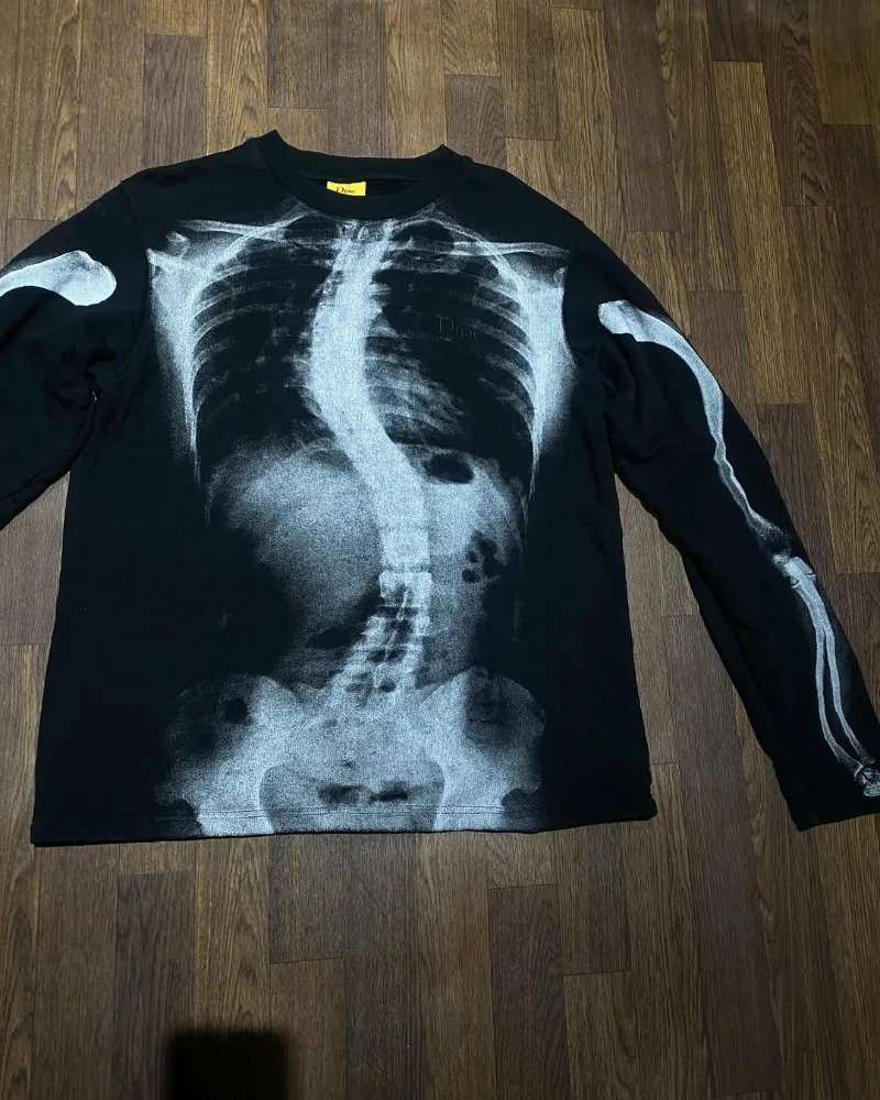 Loose and Fashionable Casual Skull Print Long-sleeved T-shirt Men Y2k Harajuku Retro Pure Cotton Round Neck Oversized Top Women 250811