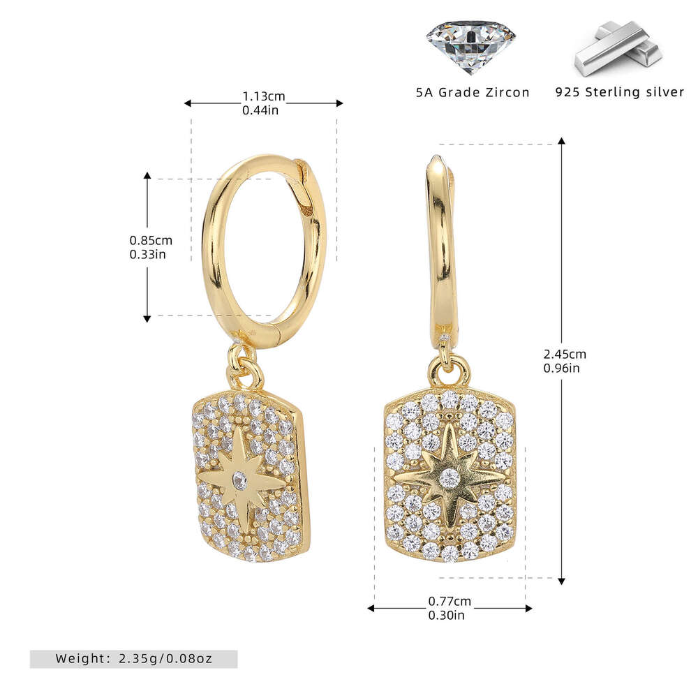 New S Pure Sier Earrings Fashion Inlaid Zircon Eight-Pointed Star Ear Clips Versatile High-End Jewelry for Women
