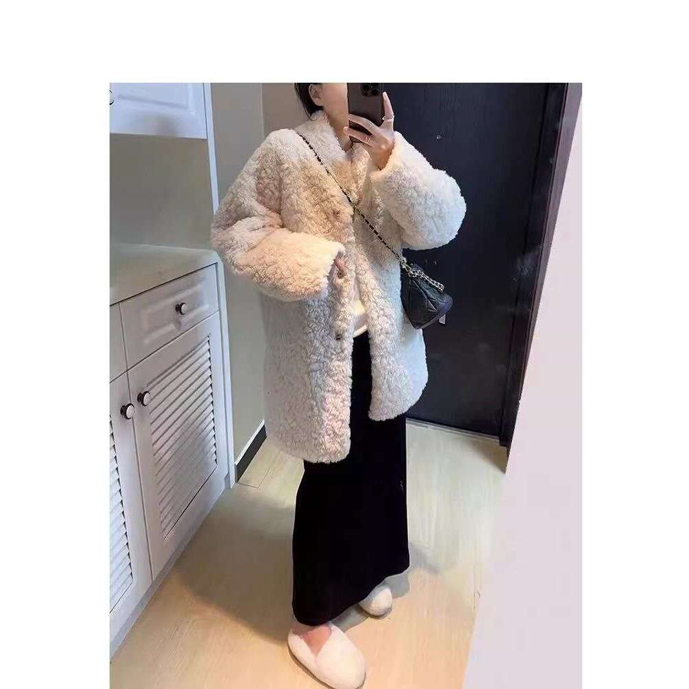 Mid to long autumn loose Korean version eco-friendly fur jacket with lazy and thick fur, standing collar top for women