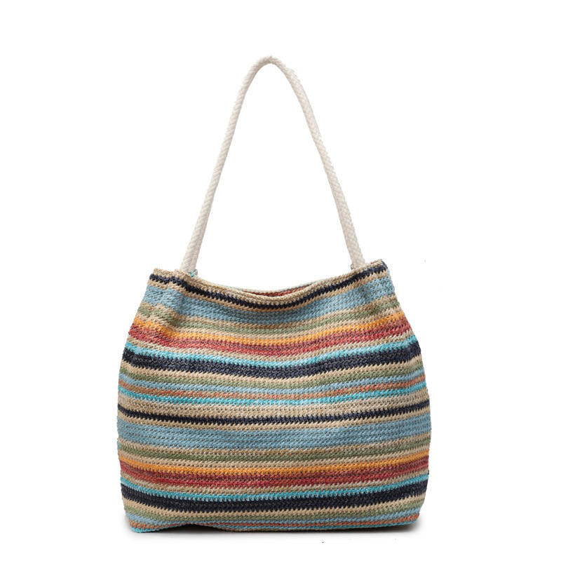Women's Trendy Rainbow Woven New Versatile Casual Large Capacity Straw Vacation Tote Bag