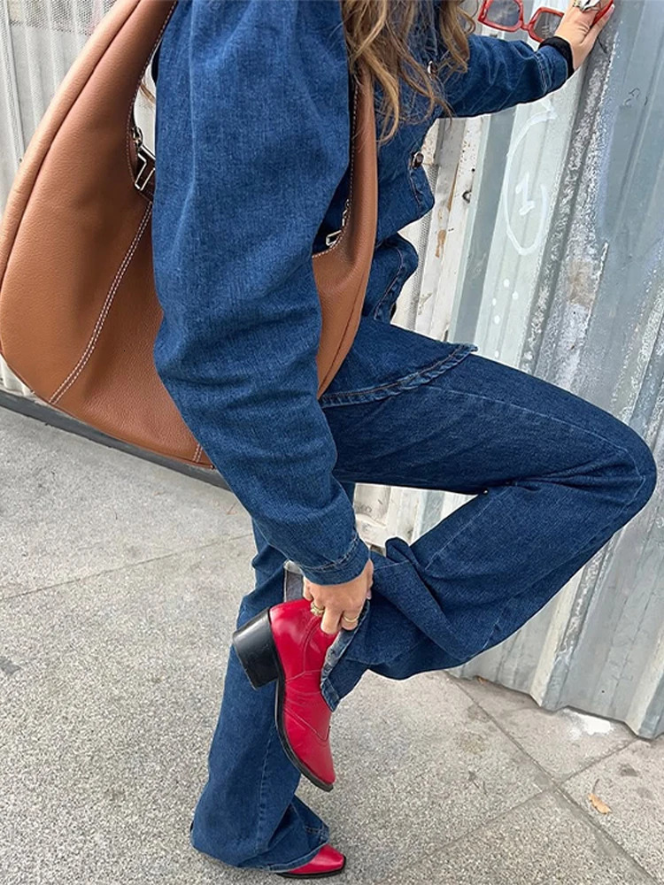 Denim Jacket Pants Sets Women Lapel Waist Cinching Split Jackets High Waist Straight Jeans Suits 2025 Spring Lady Street Outfits 250808