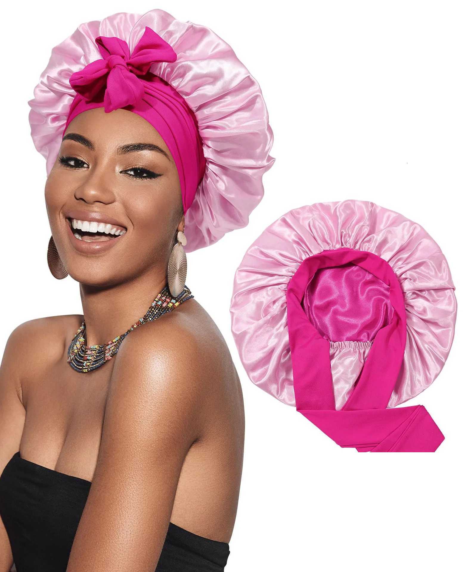 New Satin Double Layer Bonnet Solid Wide Tie Band Stretch Head Silky Bonnet Edge Wrap Nightcap Hair Care Shower Bonnet for Women XJ250812