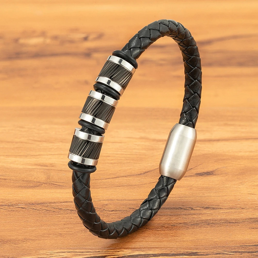 TYO Hiphop Rock Shiny Cool 4 Colors Stainless Steel Button Weave Genuine Leather Men Bracelets Bead Retro Bangle Accessory Gift 250811