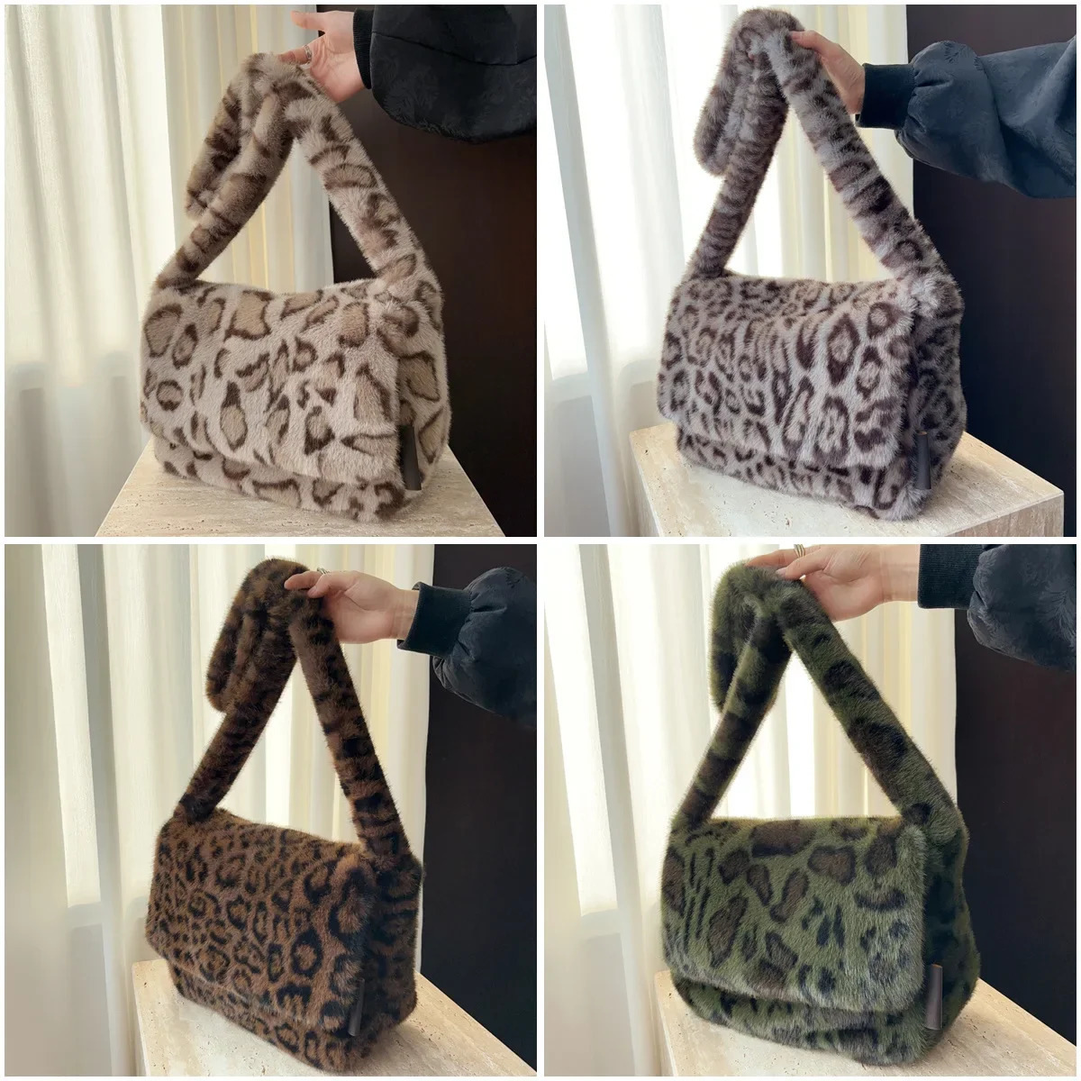 Faux Fur Leopard Print Messenger Bags for Women Vintage Soft Plush Ladies Shoulder Bag Large Capacity Female Furry Handbags 250811