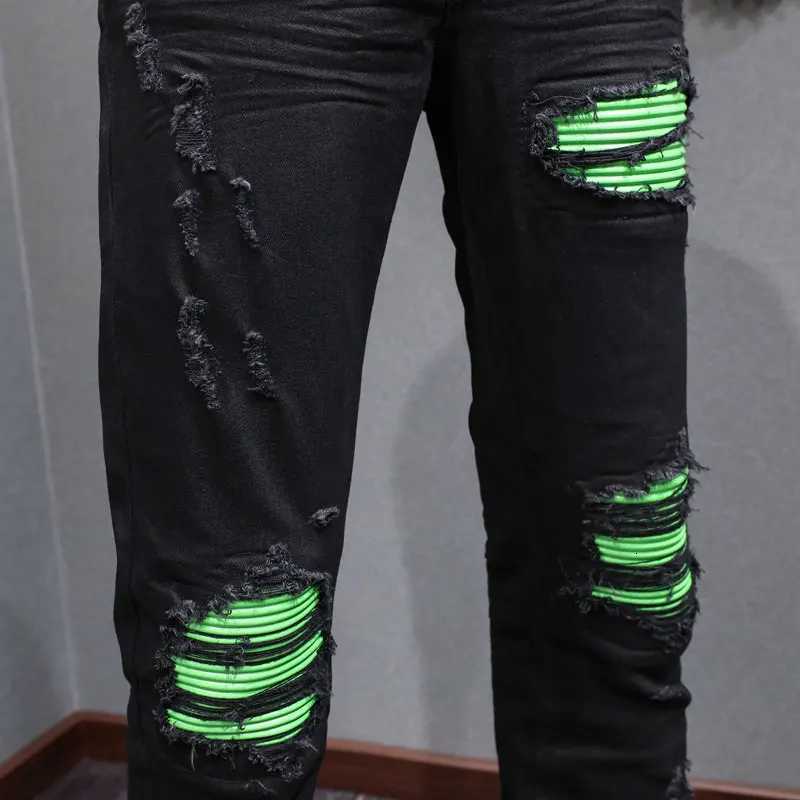 Fashionable new mens black jeans washed nostalgic stretchy slim fit green patch jeans high street designer hip-hop brand X250812