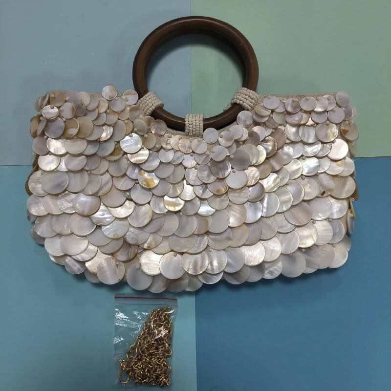 Sequin Internal Zipper Chain Crossbody Shoulder Bag,Shell Wooden Circular Handle Handbag,Women Beach Travel Tote Bag