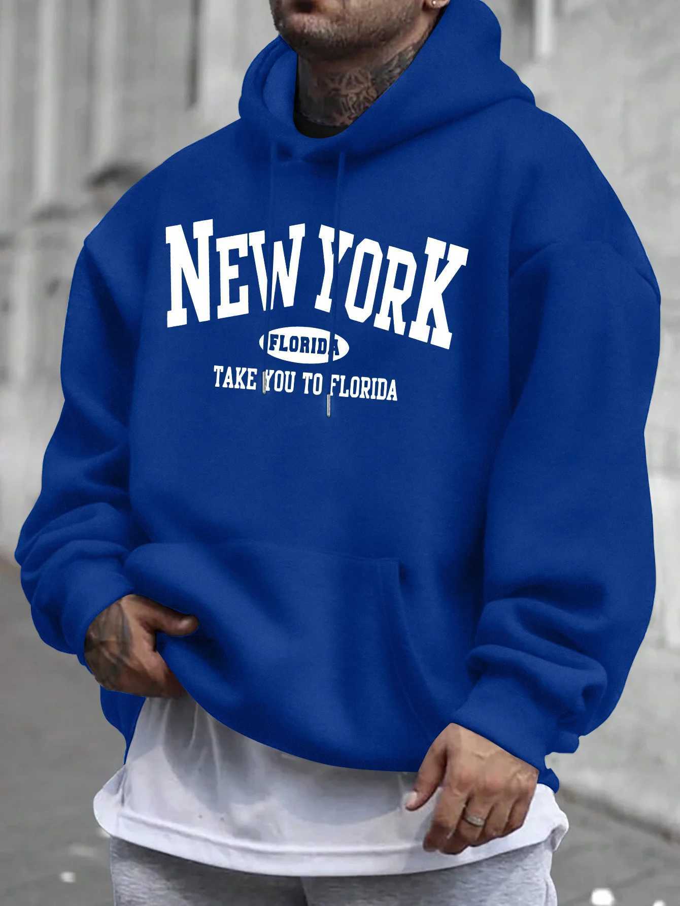 Mens Casual Hoodie with New York Florida Graphic Print Geometric Design Front Pocket Machine for Spring Fall Casual Attire Y250811